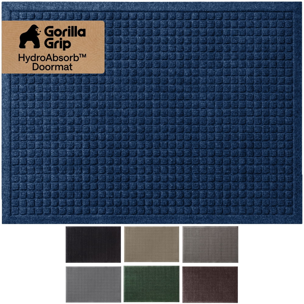 GORILLA GRIP HydroAbsorb Doormat, Indoor Outdoor Rubber Backed Weather Mat, 35x23, Blue