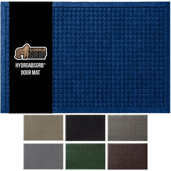 GORILLA GRIP HydroAbsorb Doormat, Indoor Outdoor Rubber Backed Weather Mat, 47x35, Blue
