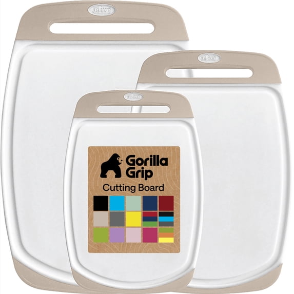 GORILLA GRIP Oversized 100% BPA Free Reversible Kitchen Cutting Board Set of 3, Juice Grooves, Dishwasher Safe, Almond