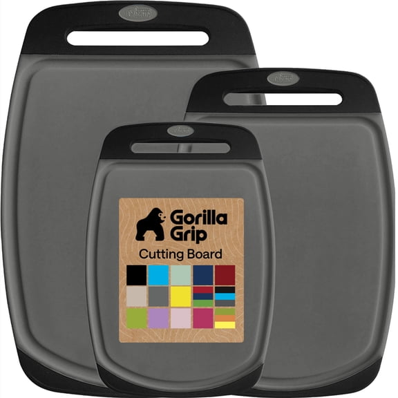 GORILLA GRIP Oversized 100% BPA Free Reversible Kitchen Cutting Board Set of 3, Juice Grooves, Dishwasher Safe, Black Gray