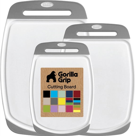 GORILLA GRIP Oversized 100% BPA Free Reversible Kitchen Cutting Board Set of 3, Juice Grooves, Dishwasher Safe, Gray