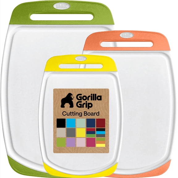 GORILLA GRIP Oversized 100% BPA Free Reversible Kitchen Cutting Board Set of 3, Juice Grooves, Dishwasher Safe, Lemon