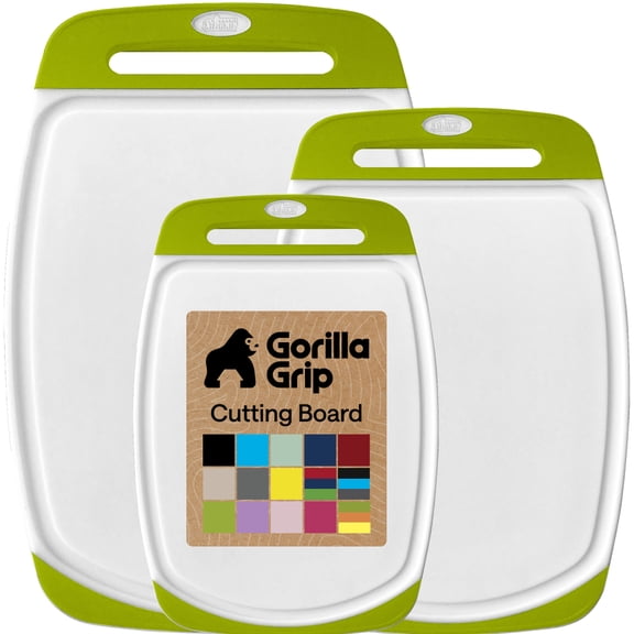 GORILLA GRIP Oversized 100% BPA Free Reversible Kitchen Cutting Board Set of 3, Juice Grooves, Dishwasher Safe, Lime Green