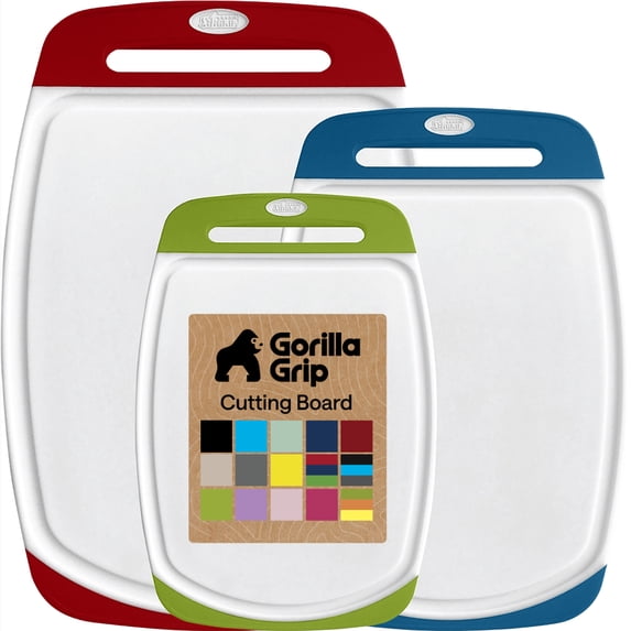 GORILLA GRIP Oversized 100% BPA Free Reversible Kitchen Cutting Board Set of 3, Juice Grooves, Dishwasher Safe, Red Blue Green