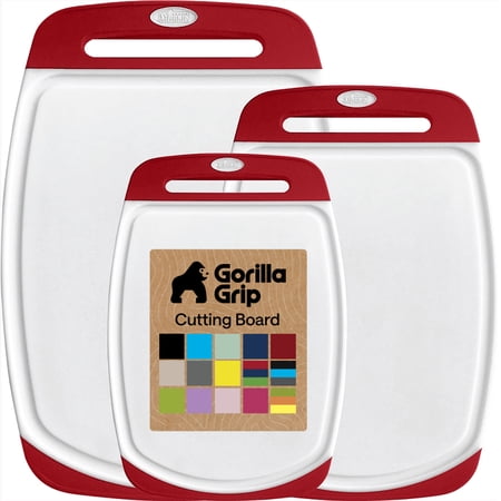GORILLA GRIP Oversized 100% BPA Free Reversible Kitchen Cutting Board Set of 3, Juice Grooves, Dishwasher Safe, Red