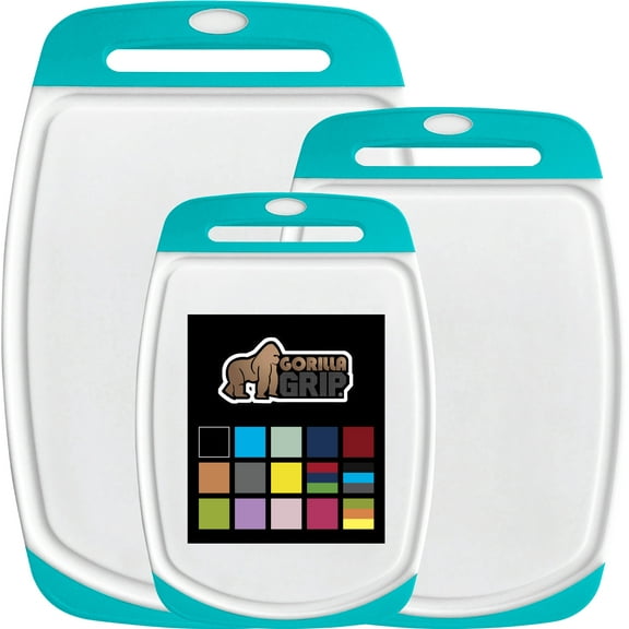 GORILLA GRIP Oversized 100% BPA Free Reversible Kitchen Cutting Board Set of 3, Juice Grooves, Dishwasher Safe, Turquoise