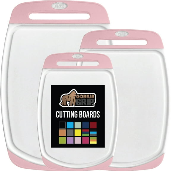 GORILLA GRIP Oversized 100% BPA Free Reversible Kitchen Cutting Board Set of 3, Juice Grooves, Dishwasher Safe, White Pink