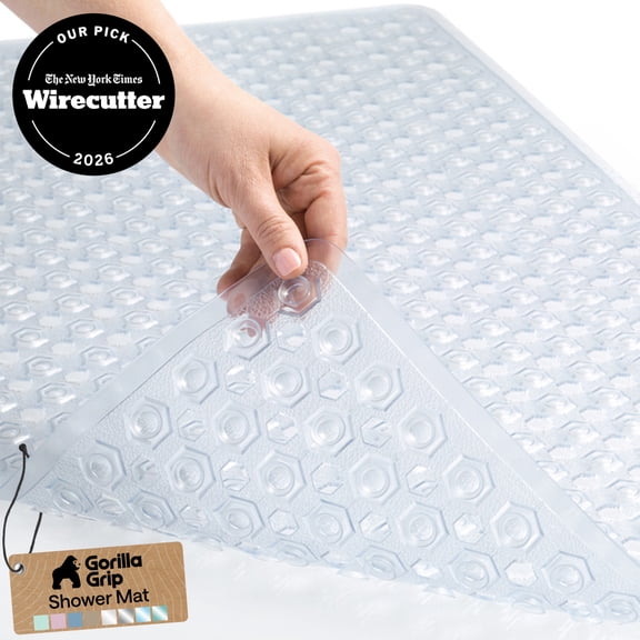 GORILLA GRIP Patented Bath Tub Shower Mat, Machine Washable Bathtub Floor Liner Mats, Suction Cups and Drain Holes to Keep Tubs Clean, Soft on Feet, Bathroom Essentials, 35x16 Inch, Clear