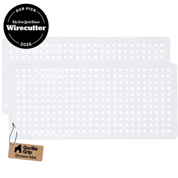 GORILLA GRIP Patented Bath Tub Shower Mat, 2 Pack, Machine Washable Bathtub Floor Liner Mats, Suction Cups and Drain Holes to Keep Tubs Clean, Soft on Feet, Bathroom Essentials, 35x16 Inch, White