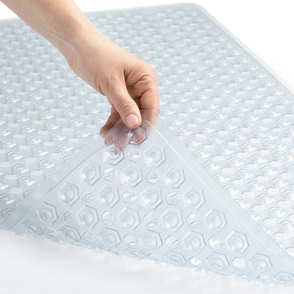 GORILLA GRIP Patented Bath Tub Shower Mat, Machine Washable Bathtub Floor Liner Mats, Suction Cups and Drain Holes to Keep Tubs Clean, Soft on Feet, Bathroom Essentials, 35x16 Inch, Clear