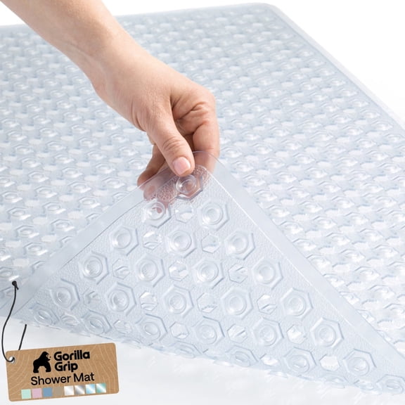 GORILLA GRIP Patented Bath Tub Shower Mat, Machine Washable Bathtub Floor Liner Mats, Suction Cups and Drain Holes to Keep Tubs Clean, Soft on Feet, Bathroom Essentials, 35x16 Inch, Clear