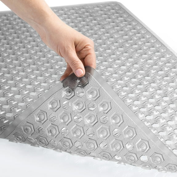 GORILLA GRIP Patented Bath Tub Shower Mat, Machine Washable Bathtub Floor Liner Mats, Suction Cups and Drain Holes to Keep Tubs Clean, Soft on Feet, Bathroom Essentials, 35x16 Inch, Clear Gray