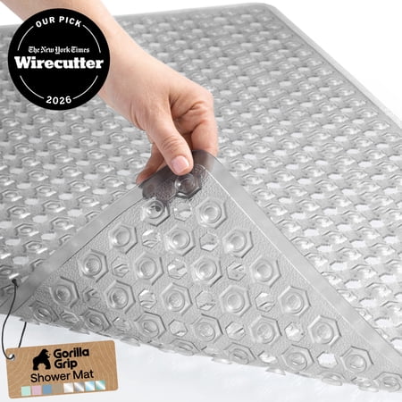 GORILLA GRIP Patented Bath Tub Shower Mat, Machine Washable Bathtub Floor Liner Mats, Suction Cups and Drain Holes to Keep Tubs Clean, Soft on Feet, Bathroom Essentials, 35x16 Inch, Clear Gray