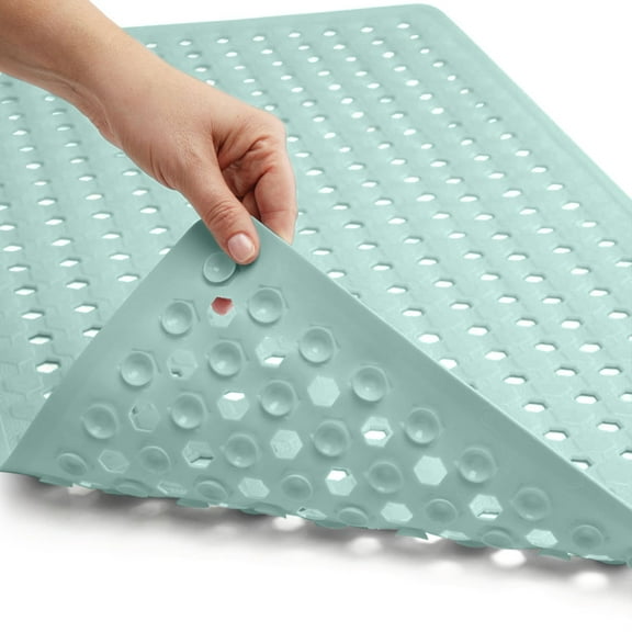 GORILLA GRIP Patented Bath Tub Shower Mat, Machine Washable Bathtub Floor Liner Mats, Suction Cups and Drain Holes to Keep Tubs Clean, Soft on Feet, Bathroom Essentials, 35x16 Inch, Mint Opaque