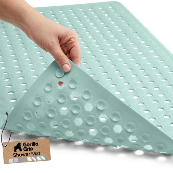 GORILLA GRIP Patented Bath Tub Shower Mat, Machine Washable Bathtub Floor Liner Mats, Suction Cups and Drain Holes to Keep Tubs Clean, Soft on Feet, Bathroom Essentials, 35x16 Inch, Mint Opaque