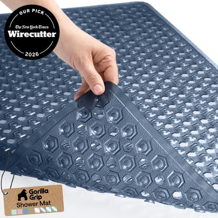 GORILLA GRIP Patented Bath Tub Shower Mat, Machine Washable Bathtub Floor Liner Mats, Suction Cups and Drain Holes to Keep Tubs Clean, Soft on Feet, Bathroom Essentials, 35x16 Inch, Clear Navy