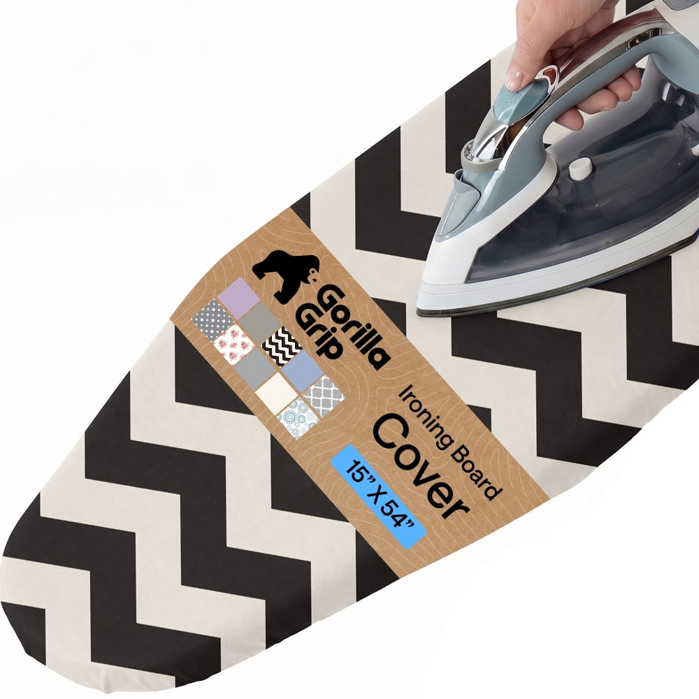 GORILLA GRIP Scorch Resistant Ironing Board Cover, Silicone Coating, Hook and Loop Fastener Strap, Chevron Black Linen