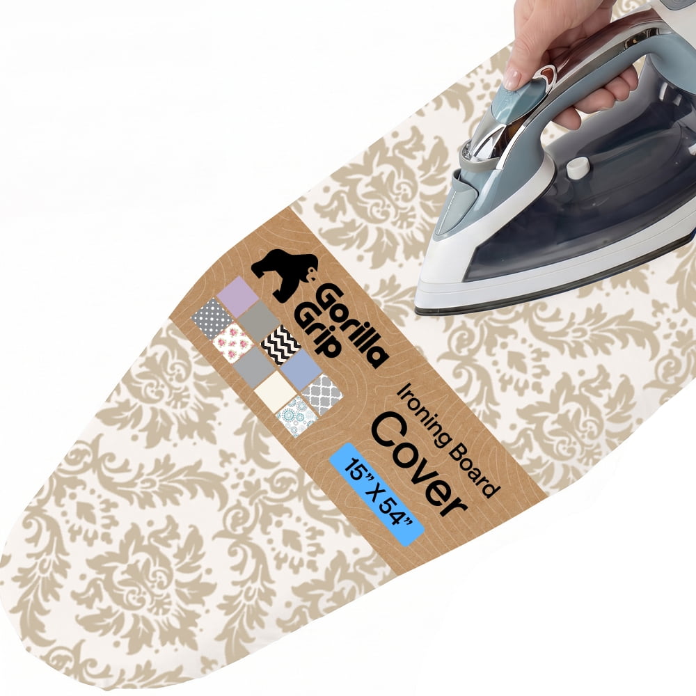 GORILLA GRIP Scorch Resistant Ironing Board Cover, Silicone Coating, Hook and Loop Fastener Strap, Damask