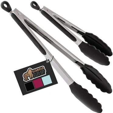 GORILLA GRIP Set of 2 Stainless Steel Heat-Resistant Kitchen Tongs, 7 and 12 Inch, Black