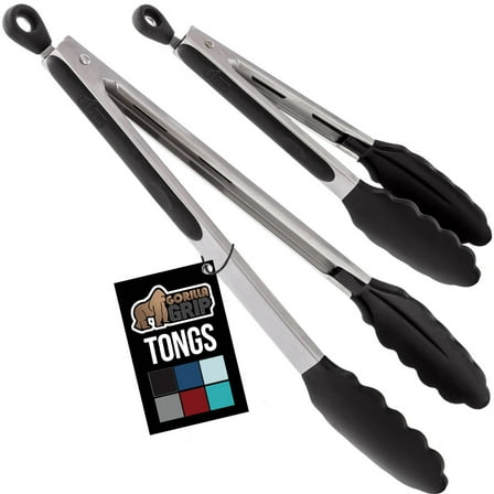 GORILLA GRIP Set of 2 Stainless Steel Heat-Resistant Kitchen Tongs, 7 and 12 Inch, Black