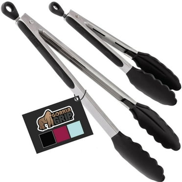 GORILLA GRIP Set of 2 Stainless Steel Heat-Resistant Kitchen Tongs, 7 and 12 Inch, Black
