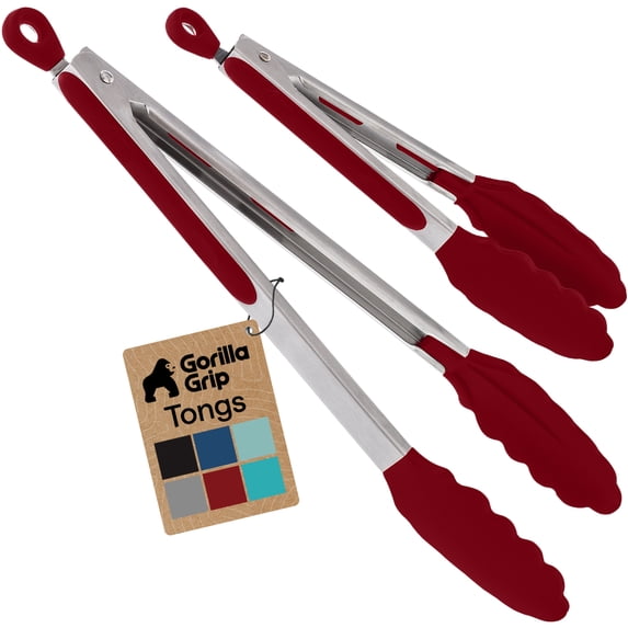 GORILLA GRIP Set of 2 Stainless Steel Heat-Resistant Kitchen Tongs, 7 and 12 Inch, Red