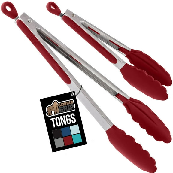 GORILLA GRIP Set of 2 Stainless Steel Heat-Resistant Kitchen Tongs, 7 and 12 Inch, Red