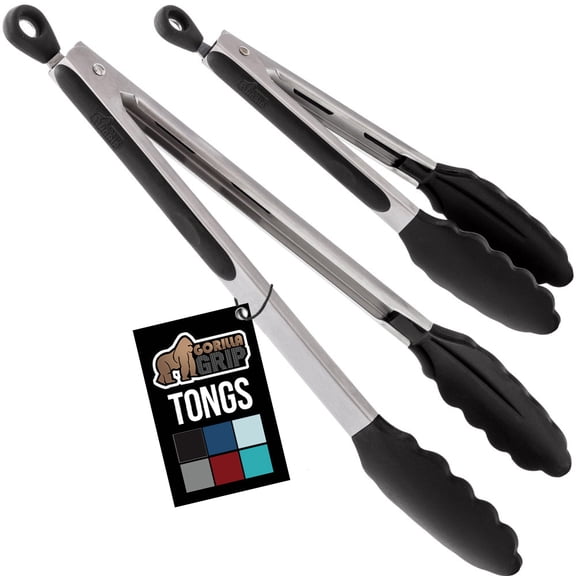 GORILLA GRIP Set of 2 Stainless Steel Heat-Resistant Kitchen Tongs, 9 and 14 Inch, Black