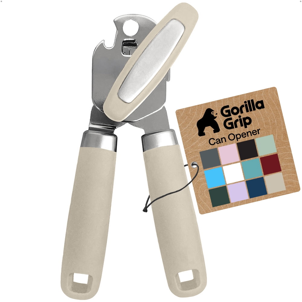 GORILLA GRIP Stainless Steel Manual Can Opener, Soft Touch Handle, Built-In Bottle Opener, Almond