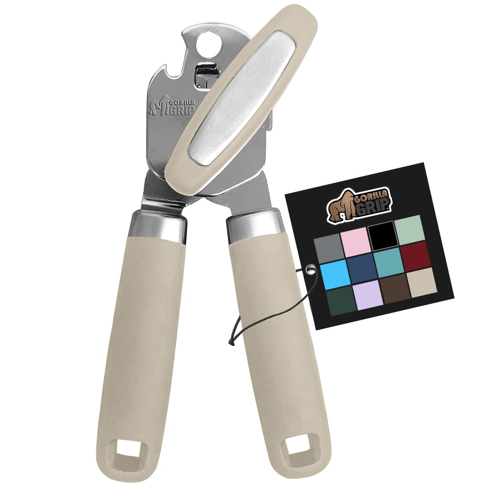 GORILLA GRIP Stainless Steel Manual Can Opener, Soft Touch Handle, Built-In Bottle Opener, Almond