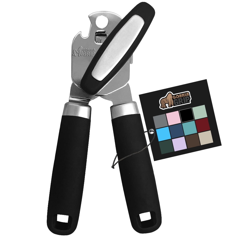 Gorilla Grip Stainless Steel Manual Can Opener, Soft Touch Handle, Large Turn Knob, Built-In Bottle Opener, Black
