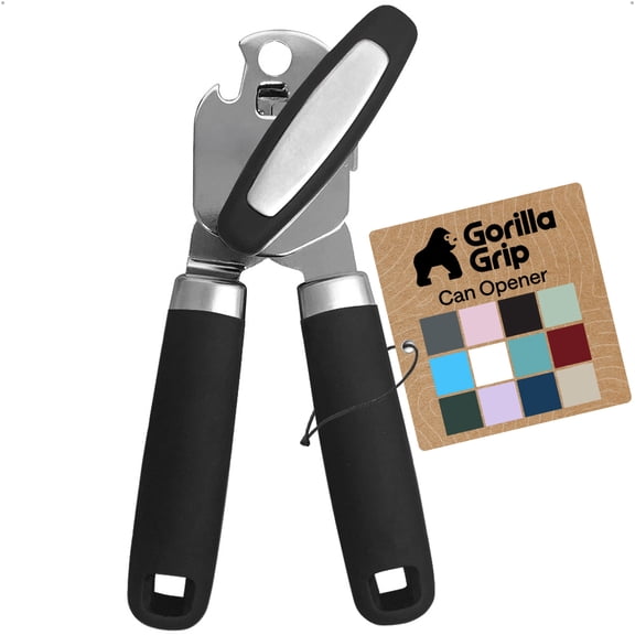 GORILLA GRIP Stainless Steel Manual Can Opener, Soft Touch Handle, Built-In Bottle Opener, Black