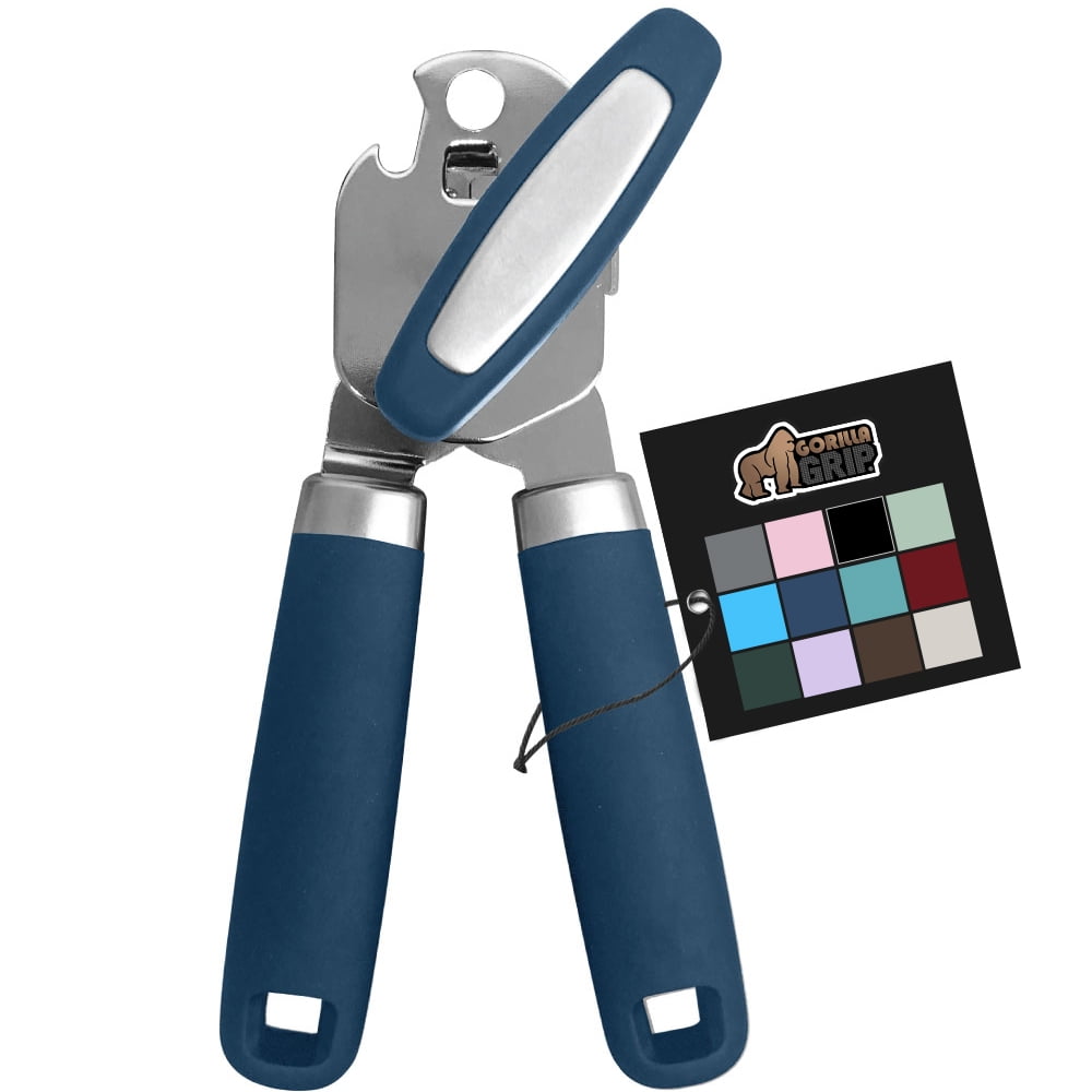 GORILLA GRIP Stainless Steel Manual Can Opener, Soft Touch Handle, Built-In Bottle Opener, Blue