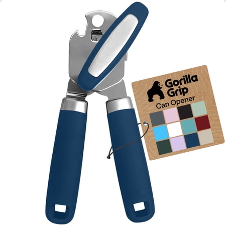 GORILLA GRIP Stainless Steel Manual Can Opener, Soft Touch Handle, Built-In Bottle Opener, Blue