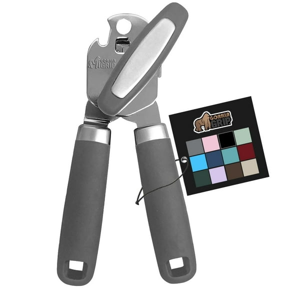 GORILLA GRIP Stainless Steel Manual Can Opener, Soft Touch Handle, Built-In Bottle Opener, Gray