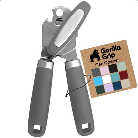 GORILLA GRIP Stainless Steel Manual Can Opener, Soft Touch Handle, Built-In Bottle Opener, Gray