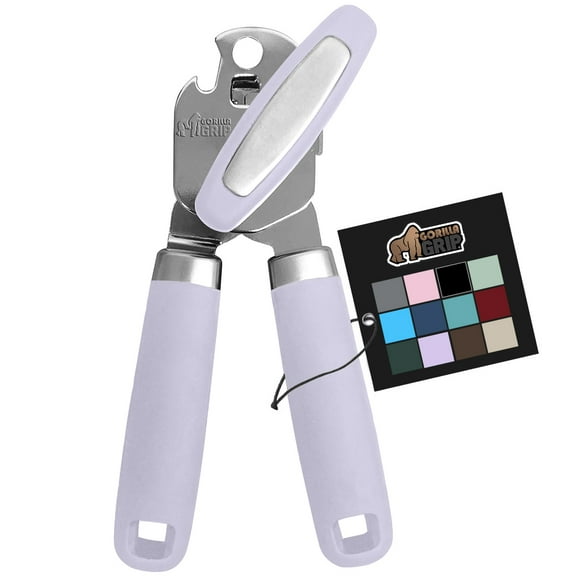 GORILLA GRIP Stainless Steel Manual Can Opener, Soft Touch Handle, Built-In Bottle Opener, Lavender