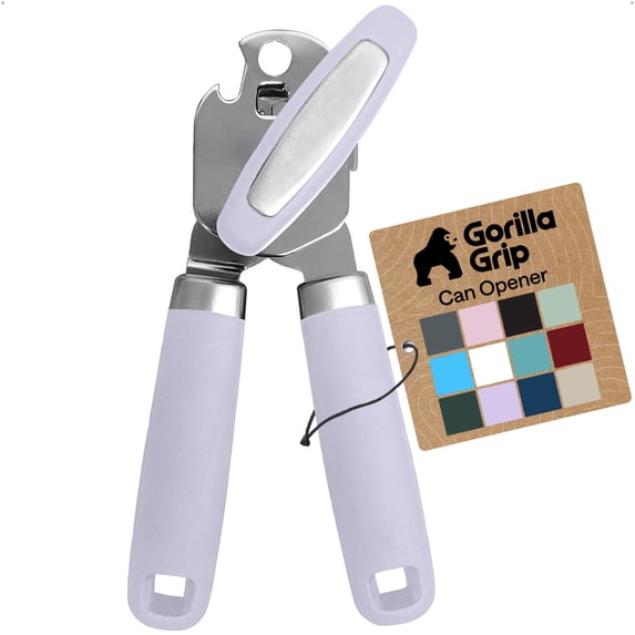 GORILLA GRIP Stainless Steel Manual Can Opener, Soft Touch Handle, Built-In Bottle Opener, Lavender