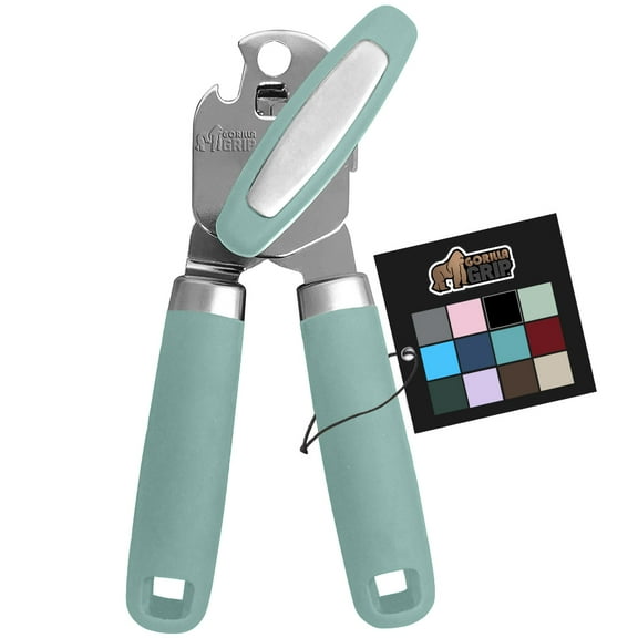 GORILLA GRIP Stainless Steel Manual Can Opener, Soft Touch Handle, Built-In Bottle Opener, Mint