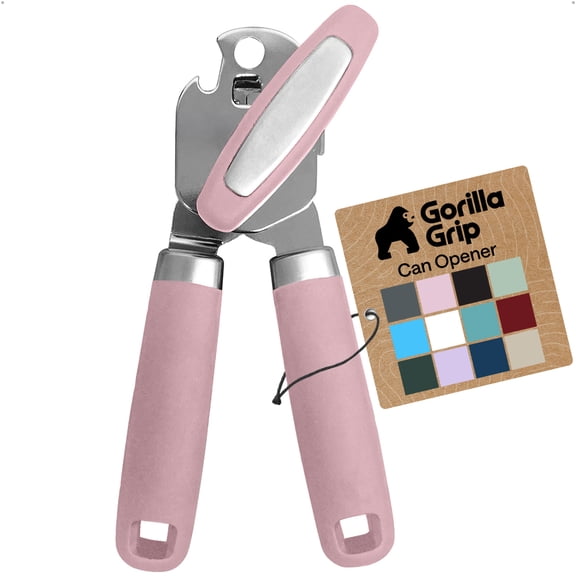 GORILLA GRIP Stainless Steel Manual Can Opener, Soft Touch Handle, Built-In Bottle Opener, Pink