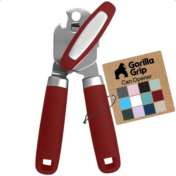 GORILLA GRIP Stainless Steel Manual Can Opener, Soft Touch Handle, Built-In Bottle Opener, Red