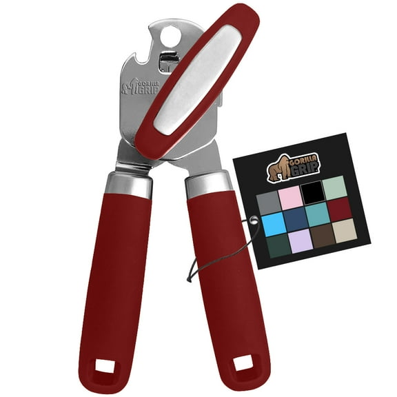 GORILLA GRIP Stainless Steel Manual Can Opener, Soft Touch Handle, Built-In Bottle Opener, Red