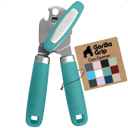 GORILLA GRIP Stainless Steel Manual Can Opener, Soft Touch Handle, Built-In Bottle Opener, Turquoise