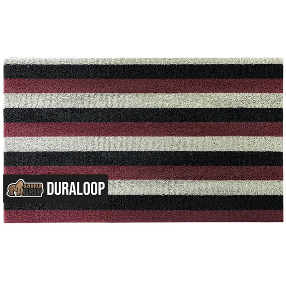 GORILLA GRIP Striped Doormat, Thick Bristle Door Mat Catches Dirt from Shoes, 24x16, Burgundy Black Cream