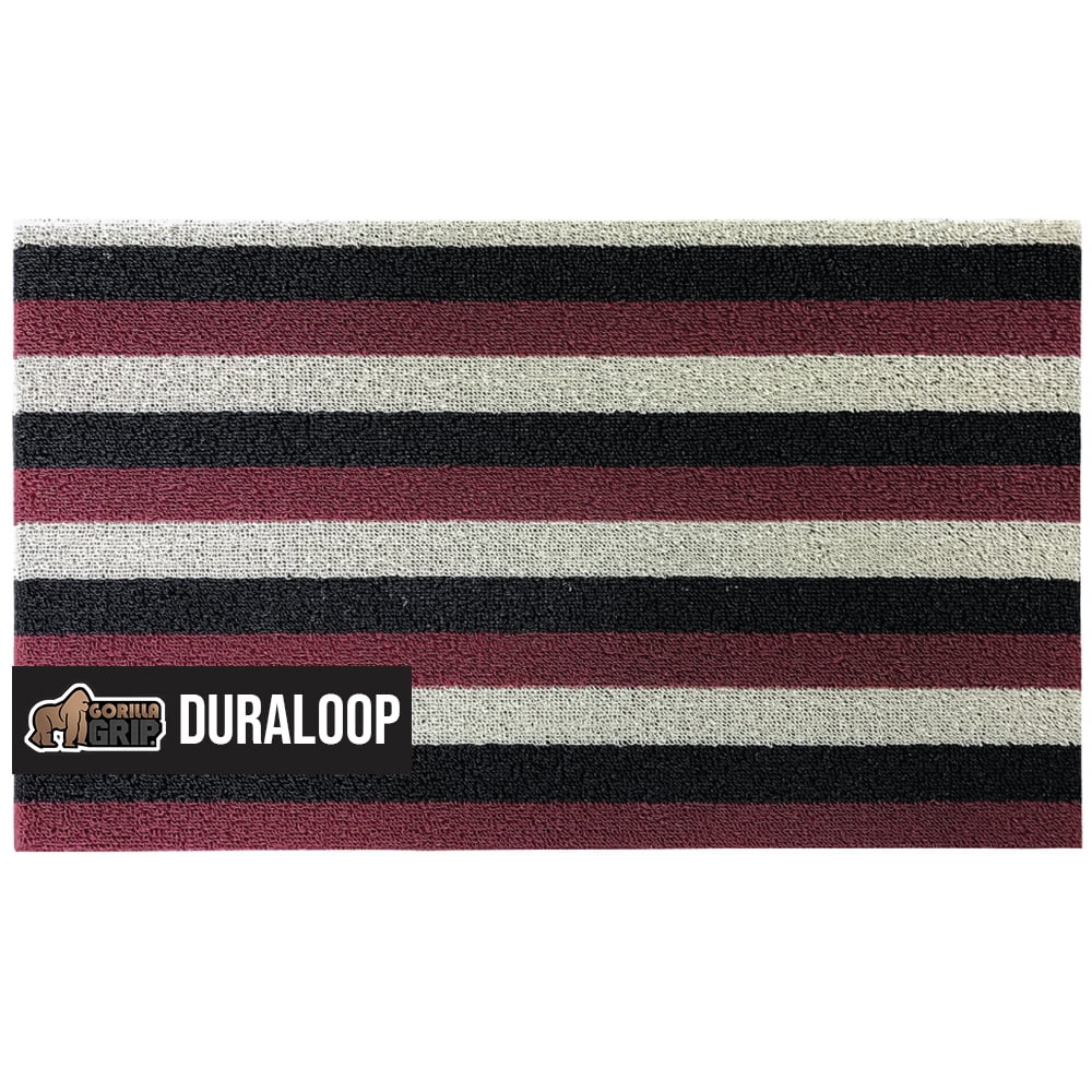 Burgundy Black Cream Striped Vinyl Outdoor Doormat 36" x 24"