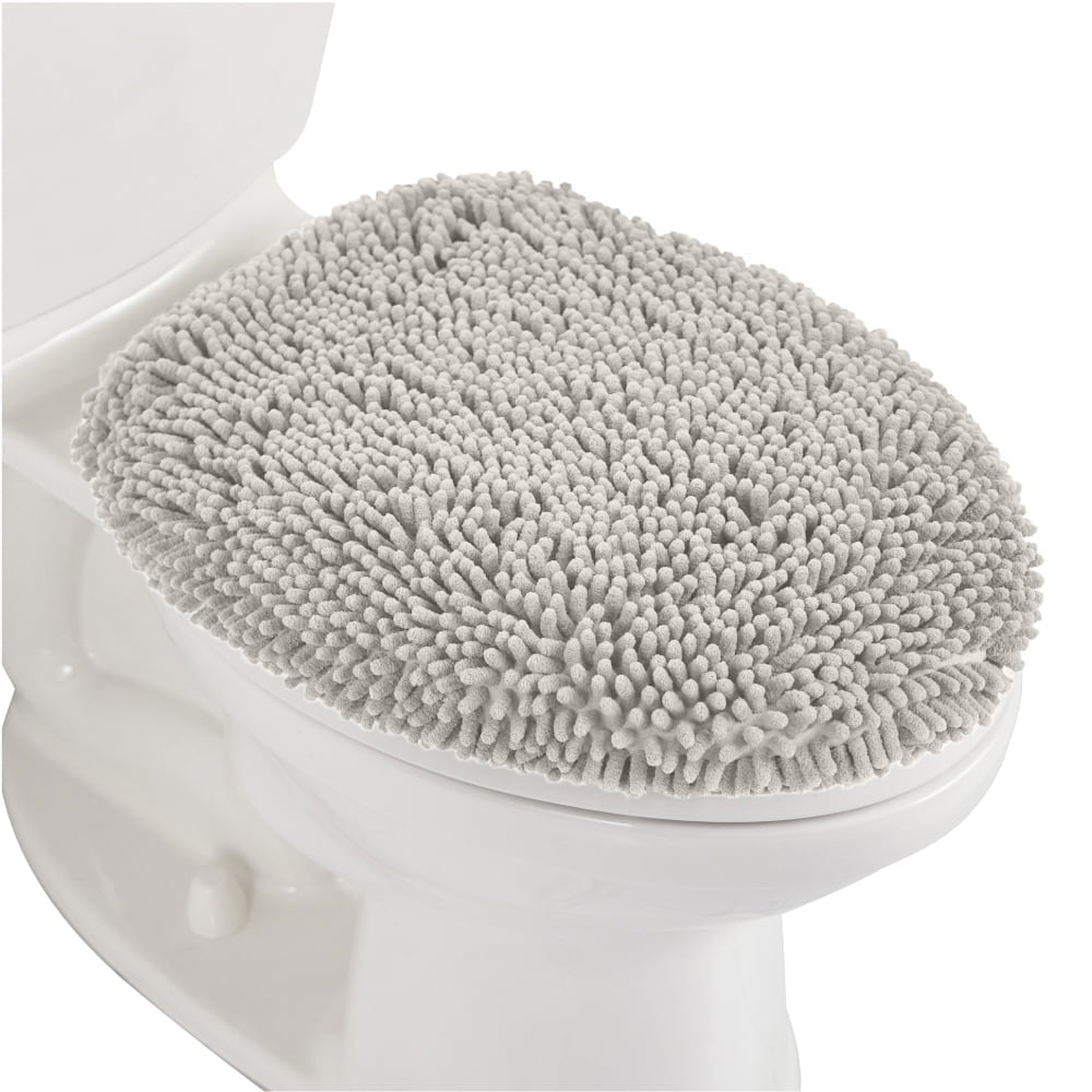 Light Gray Chenille Toilet Lid Cover with Rubber Backing
