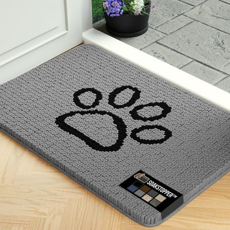 GORILLA GRIP Ultra Absorbent Grippy Doormat for Muddy Dog Paws, Machine Washable Soakstopper Rugs Cleaner Floors, Bed Mat for Dirty Dogs, Indoor Entrance Door Rug Pet Bed Mats 24x17 Paw Gray