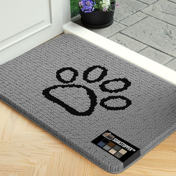 GORILLA GRIP Ultra Absorbent Grippy Doormat for Muddy Dog Paws, Machine Washable Soakstopper Rugs Cleaner Floors, Bed Mat for Dirty Dogs, Indoor Entrance Door Rug Pet Bed Mats 24x17 Paw Gray