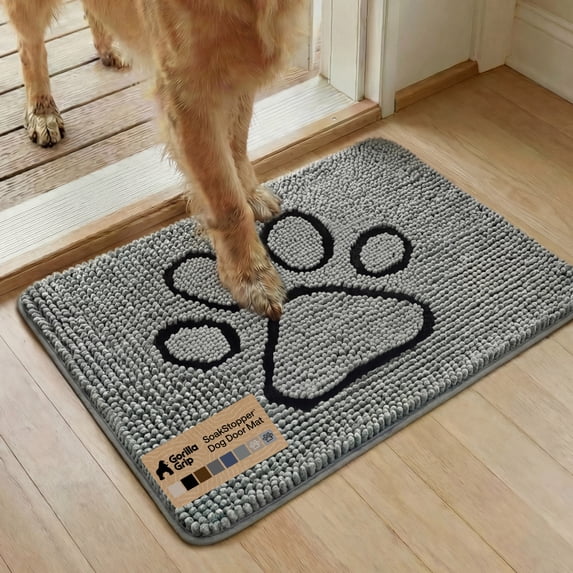 GORILLA GRIP Ultra Absorbent Grippy Doormat for Muddy Dog Paws, Machine Washable Soakstopper Rugs Cleaner Floors, Bed Mat for Dirty Dogs, Indoor Entrance Door Rug Pet Bed Mats 24x17 Paw Gray