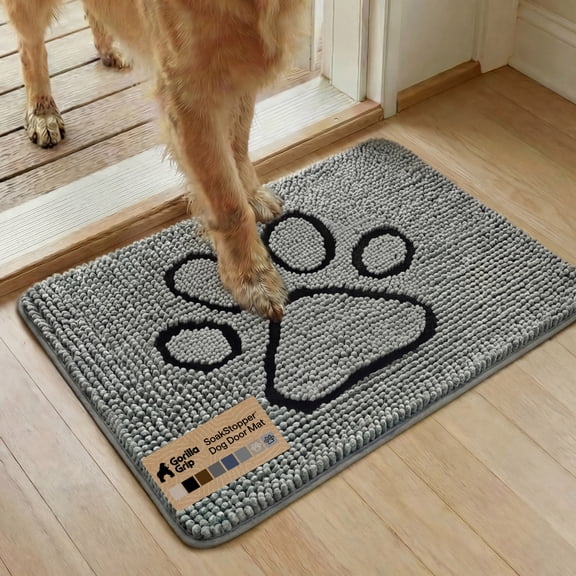 GORILLA GRIP Ultra Absorbent Grippy Doormat for Muddy Dog Paws, 30x20 Machine Washable Soakstopper Rugs Cleaner Floors, Bed Mat for Dirty Dogs, Indoor Entrance Door Rug Pet Bed Mats Paw Gray